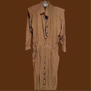 VTG sz M/L 70s linen midi dress 80s vintage E.D.Michael longsleeve shoulder pads